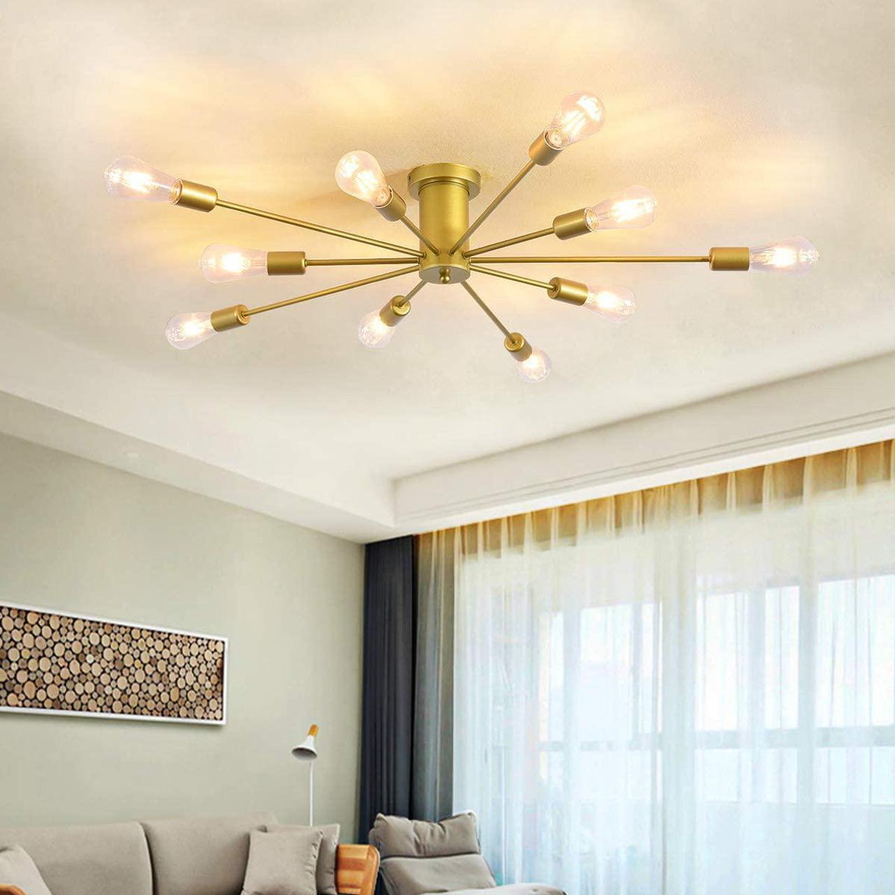 Main image of Garwarm 10 Lights Modern Sputnik Ceiling Chandelier Gold Industrial Ceiling Lamp Mid Century Semi Flush Mount Ceiling Light Fixture for Kitchen Dining Room Living Room Bedroom Foyer Lighting