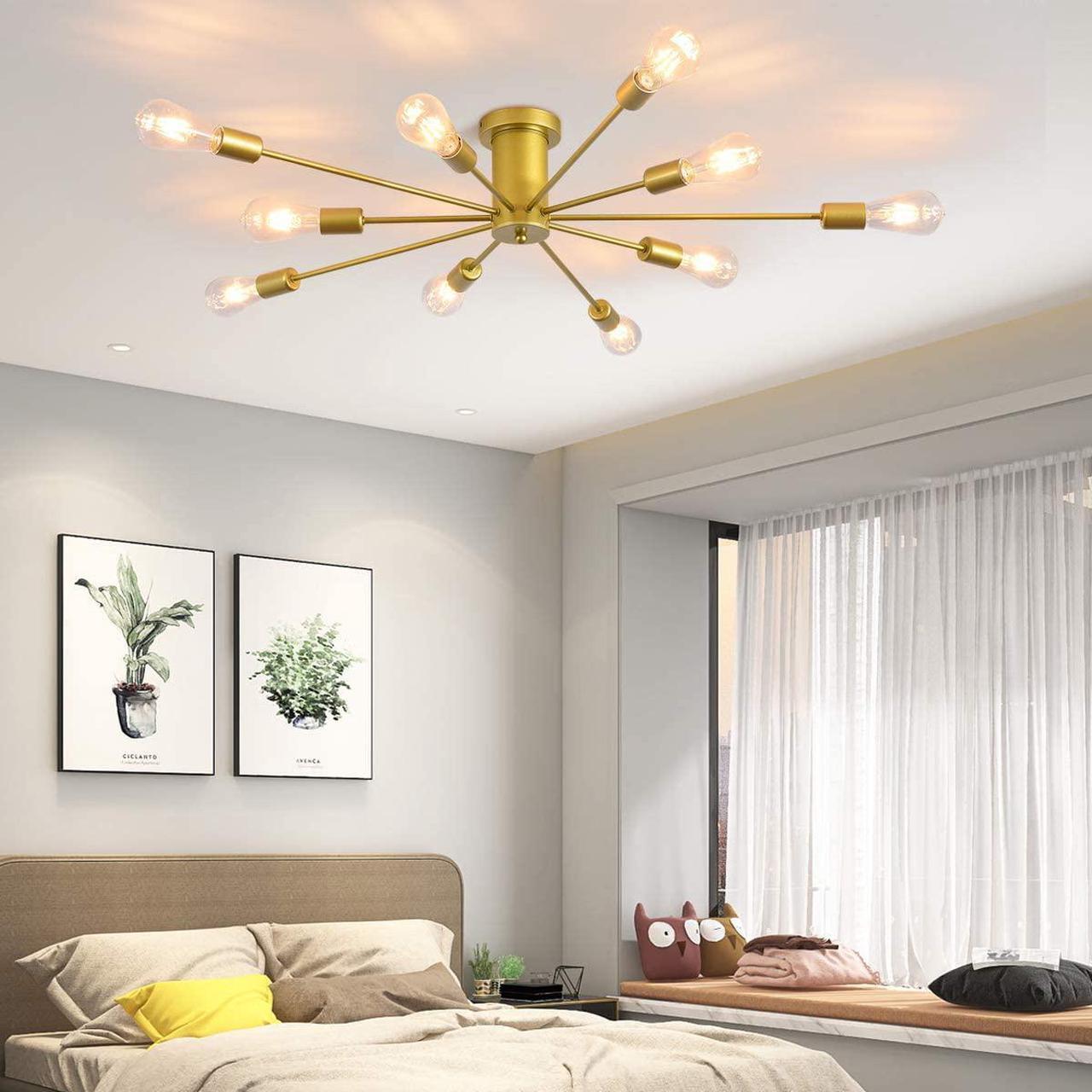 Alt view image 2 of 7 - Garwarm 10 Lights Modern Sputnik Ceiling Chandelier Gold Industrial Ceiling Lamp Mid Century Semi Flush Mount Ceiling Light Fixture for Kitchen Dining Room Living Room Bedroom Foyer Lighting