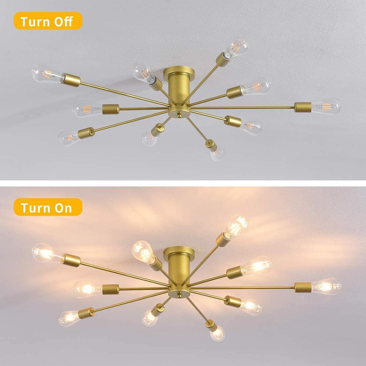 Alt view image 5 of 7 - Garwarm 10 Lights Modern Sputnik Ceiling Chandelier Gold Industrial Ceiling Lamp Mid Century Semi Flush Mount Ceiling Light Fixture for Kitchen Dining Room Living Room Bedroom Foyer Lighting