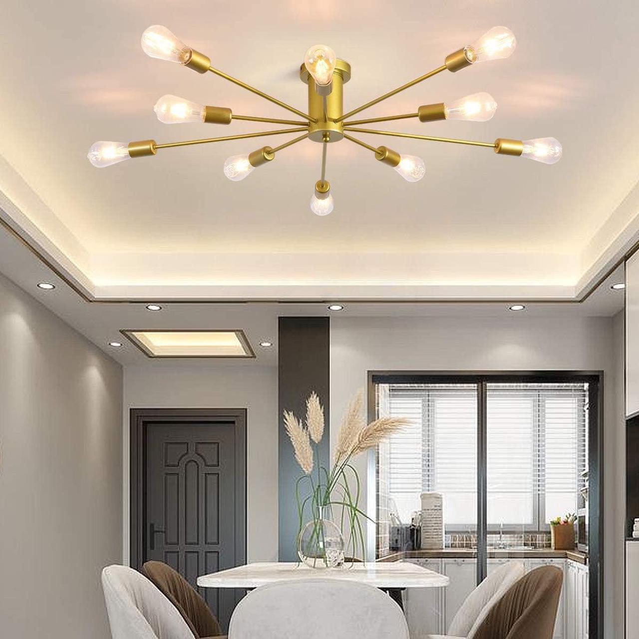 Alt view image 4 of 7 - Garwarm 10 Lights Modern Sputnik Ceiling Chandelier Gold Industrial Ceiling Lamp Mid Century Semi Flush Mount Ceiling Light Fixture for Kitchen Dining Room Living Room Bedroom Foyer Lighting