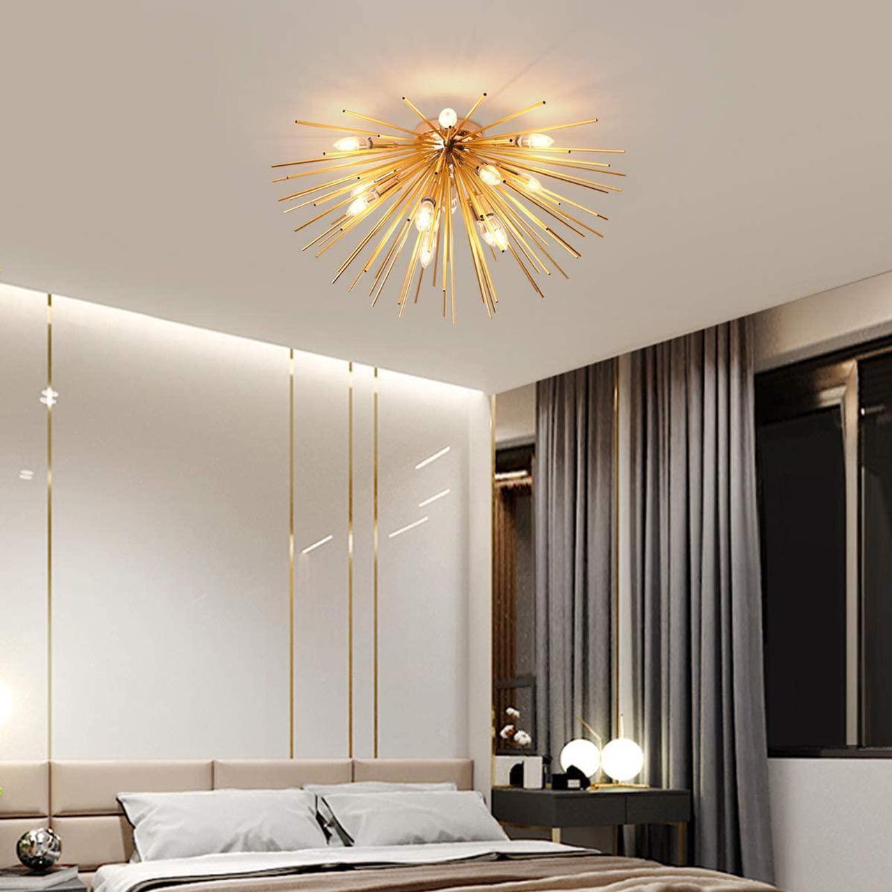 Alt view image 2 of 7 - Garwarm Sputnik Chandelier Light Fixtures,Mid-Century Gold Chandelier with 12 Lights,Semi Flush Mount Ceiling Light for Bedroom Living Dining Room,E12,Dia 29.5 Inch