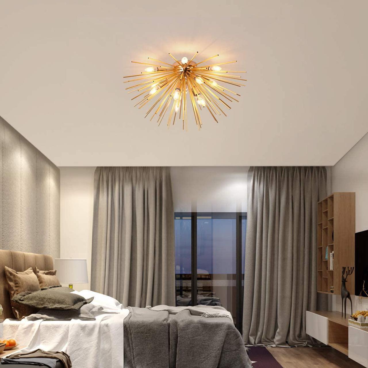 Alt view image 3 of 7 - Garwarm Sputnik Chandelier Light Fixtures,Mid-Century Gold Chandelier with 12 Lights,Semi Flush Mount Ceiling Light for Bedroom Living Dining Room,E12,Dia 29.5 Inch