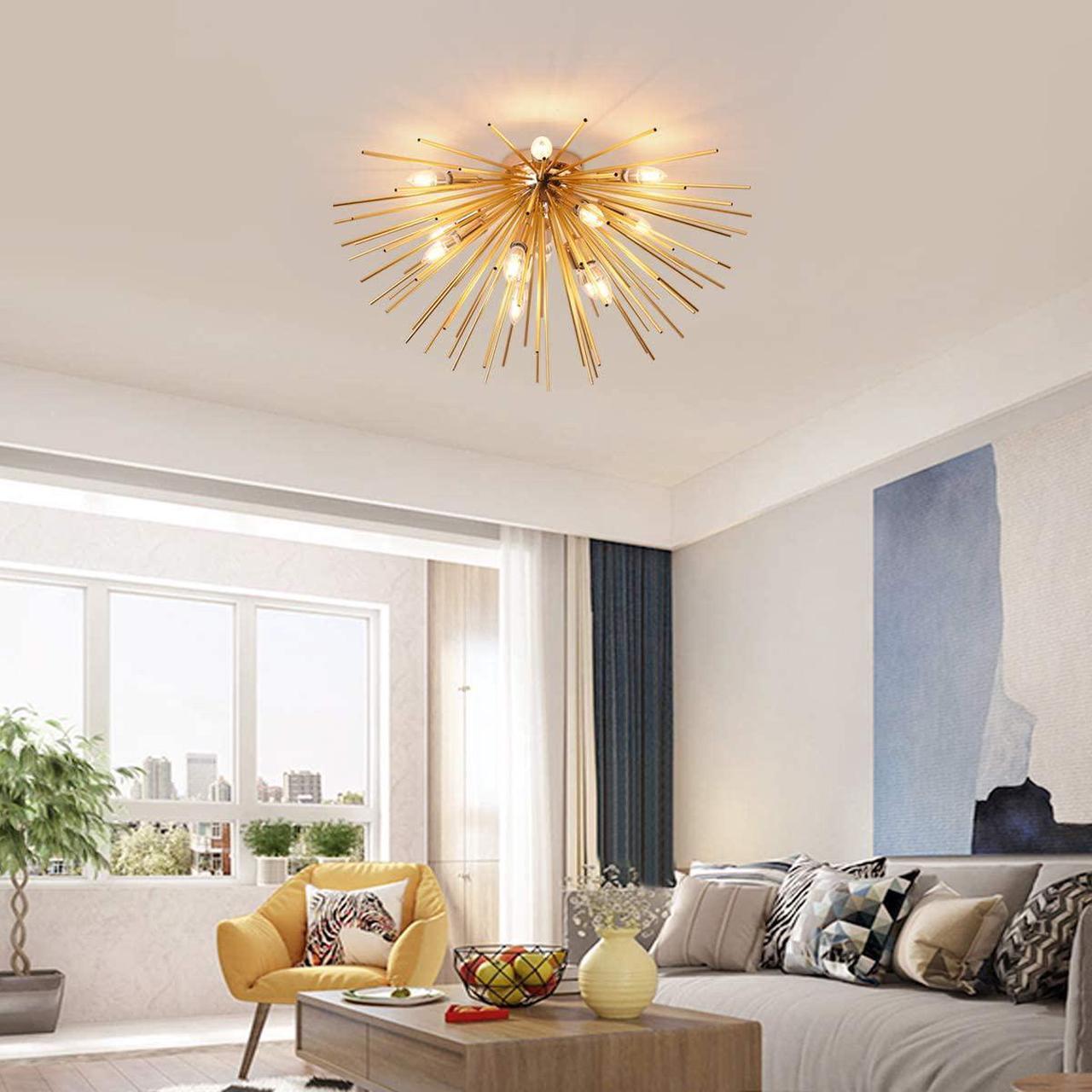 Alt view image 4 of 7 - Garwarm Sputnik Chandelier Light Fixtures,Mid-Century Gold Chandelier with 12 Lights,Semi Flush Mount Ceiling Light for Bedroom Living Dining Room,E12,Dia 29.5 Inch