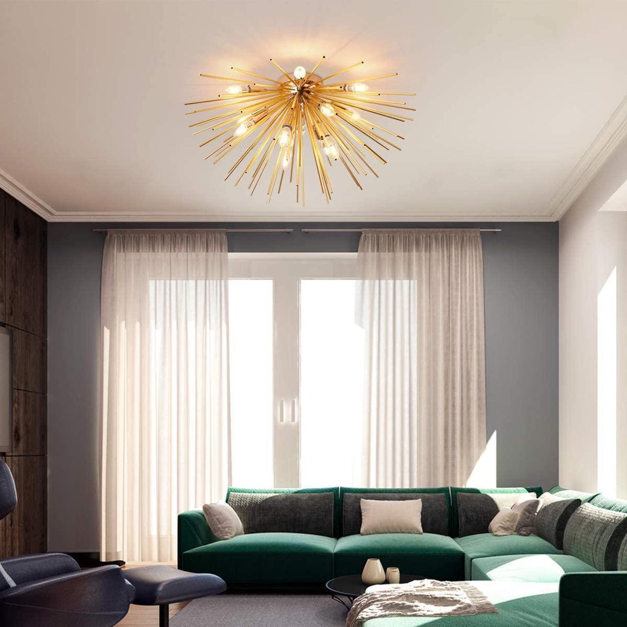 Alt view image 5 of 7 - Garwarm Sputnik Chandelier Light Fixtures,Mid-Century Gold Chandelier with 12 Lights,Semi Flush Mount Ceiling Light for Bedroom Living Dining Room,E12,Dia 29.5 Inch