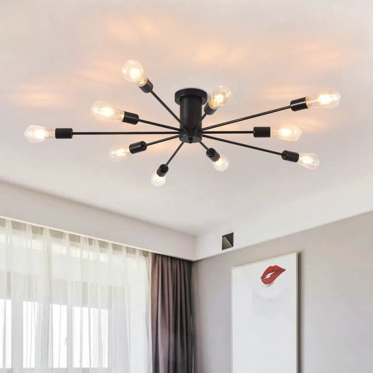 Main image of Garwarm Semi Flush Mount Ceiling Light, 10-Light Modern Black Sputnik Chandelier Industrial Ceiling Lamp for Kitchen Dining Room Living Room Bedroom Foyer Lighting Fixture