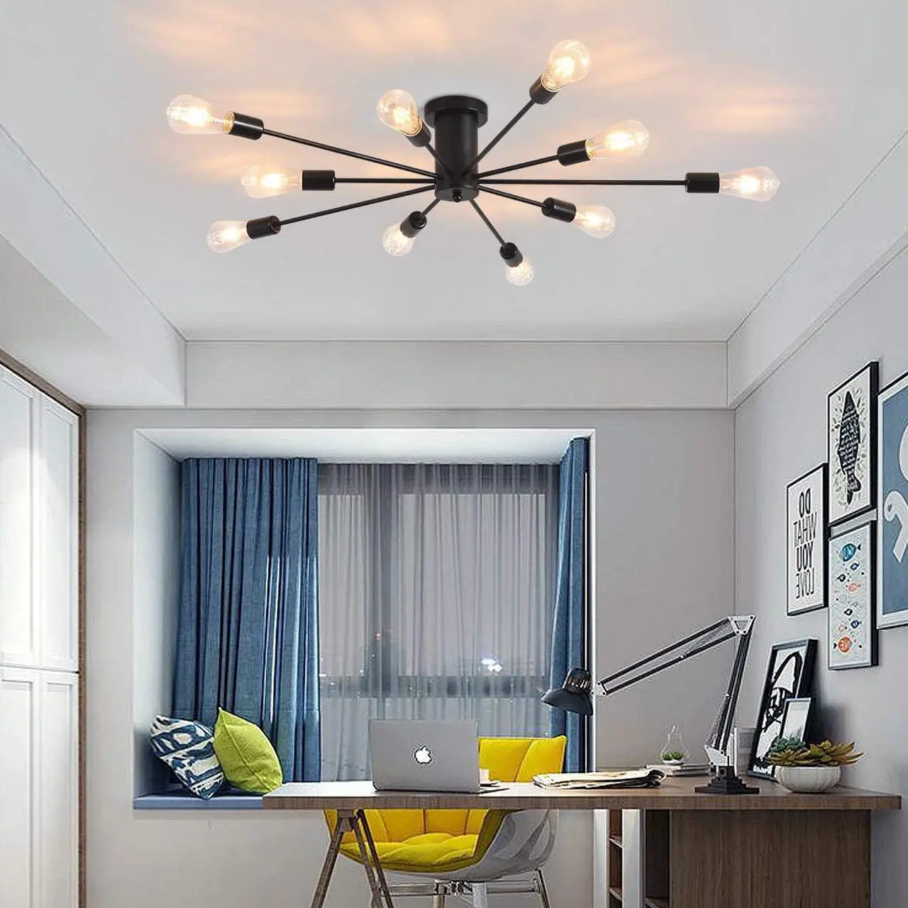Alt view image 2 of 7 - Garwarm Semi Flush Mount Ceiling Light, 10-Light Modern Black Sputnik Chandelier Industrial Ceiling Lamp for Kitchen Dining Room Living Room Bedroom Foyer Lighting Fixture