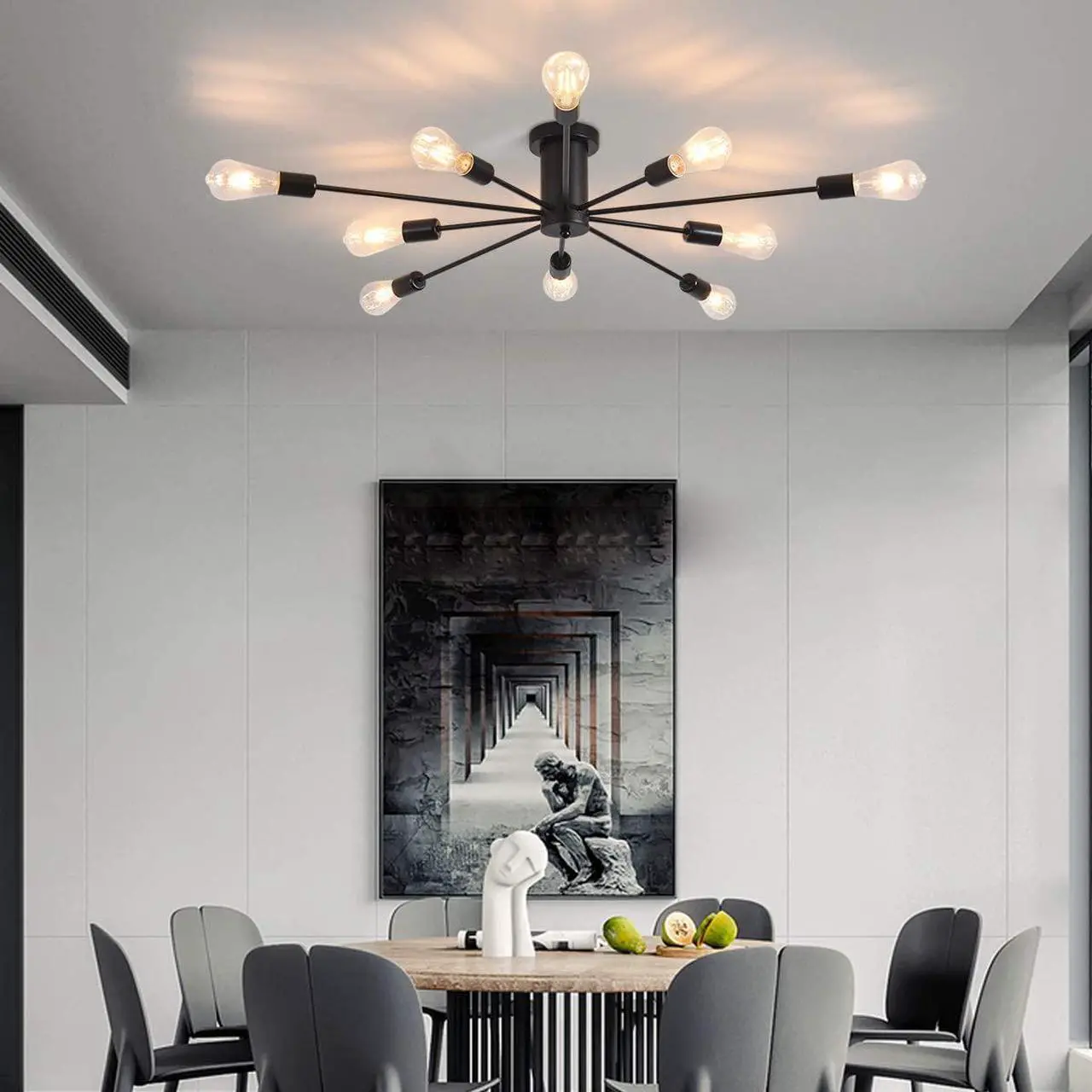 Alt view image 3 of 7 - Garwarm Semi Flush Mount Ceiling Light, 10-Light Modern Black Sputnik Chandelier Industrial Ceiling Lamp for Kitchen Dining Room Living Room Bedroom Foyer Lighting Fixture