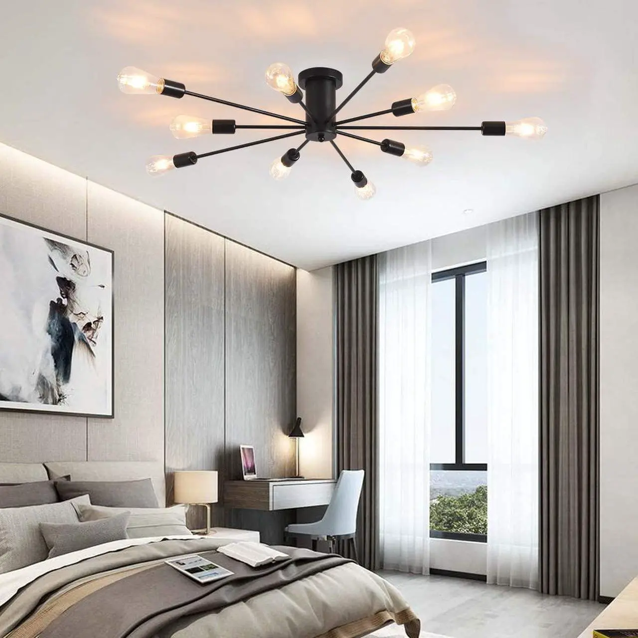Alt view image 4 of 7 - Garwarm Semi Flush Mount Ceiling Light, 10-Light Modern Black Sputnik Chandelier Industrial Ceiling Lamp for Kitchen Dining Room Living Room Bedroom Foyer Lighting Fixture