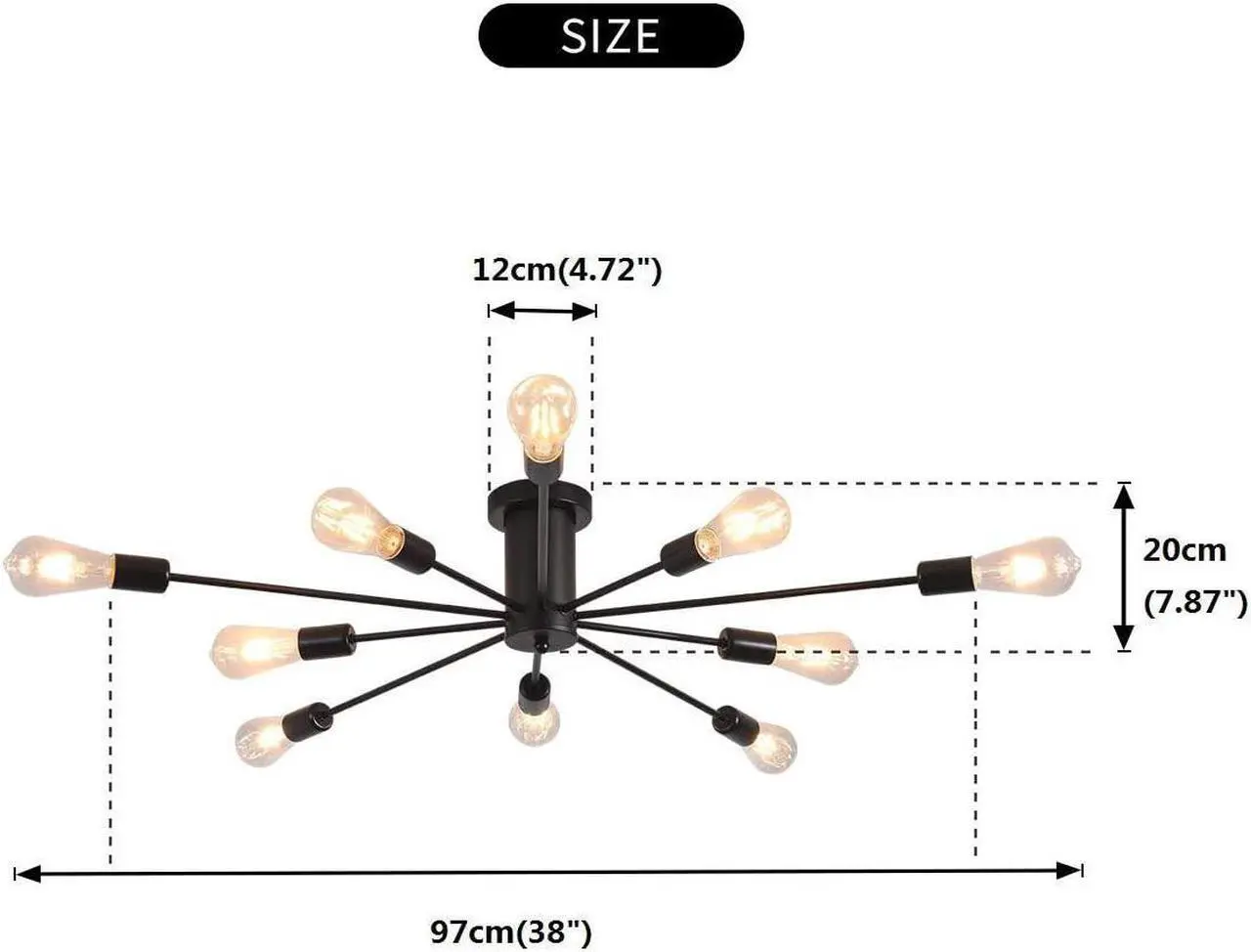 Alt view image 5 of 7 - Garwarm Semi Flush Mount Ceiling Light, 10-Light Modern Black Sputnik Chandelier Industrial Ceiling Lamp for Kitchen Dining Room Living Room Bedroom Foyer Lighting Fixture