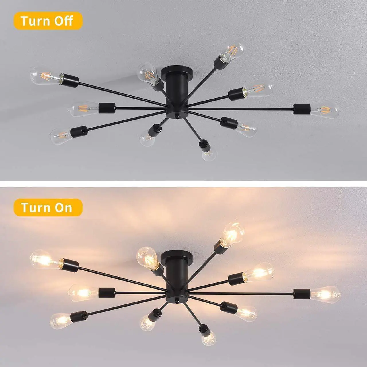Alt view image 6 of 7 - Garwarm Semi Flush Mount Ceiling Light, 10-Light Modern Black Sputnik Chandelier Industrial Ceiling Lamp for Kitchen Dining Room Living Room Bedroom Foyer Lighting Fixture