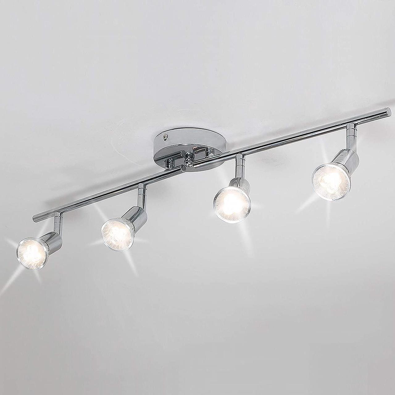 Main image of Garwarm Modern 4-Light Track Lighting Kit, Flush Mount Wall/Ceiling Spot Lights Fixture, LED Track Light with Chrome Flexibly Rotatable Light Head for Kitchen Living Room, 4×GU10 Bulb (Included)