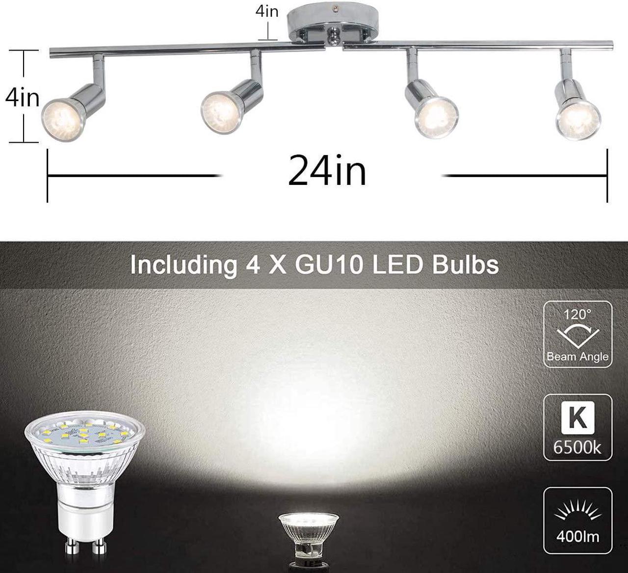 Alt view image 6 of 7 - Garwarm Modern 4-Light Track Lighting Kit, Flush Mount Wall/Ceiling Spot Lights Fixture, LED Track Light with Chrome Flexibly Rotatable Light Head for Kitchen Living Room, 4×GU10 Bulb (Included)