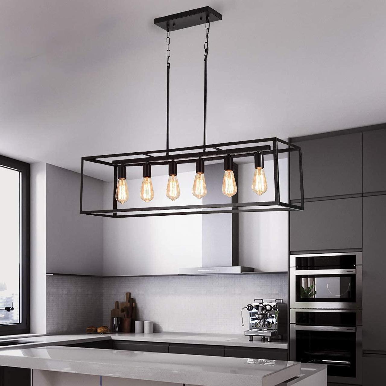 Alt view image 2 of 7 - Garwarm 6 Light Rectangle Chandelier,Black Metal Linear Modern Pendant Lighting,Industrial Cage Kitchen Island Ceiling Light Fixture for Dining Room Kitchen