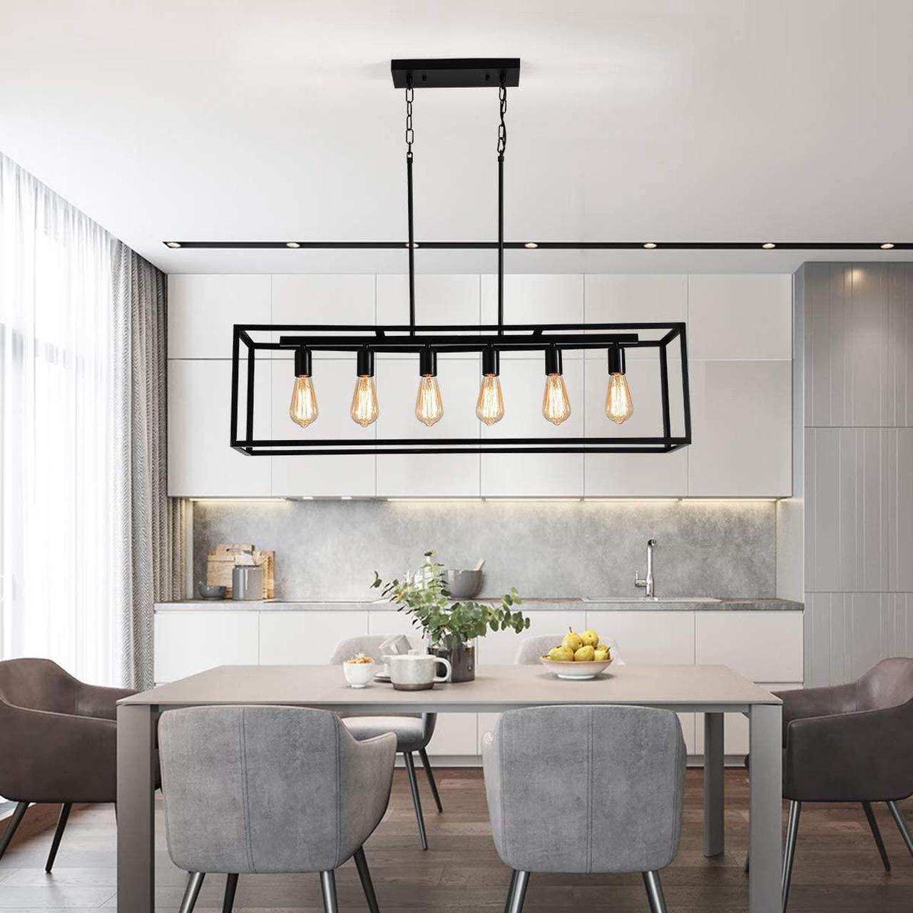 Alt view image 3 of 7 - Garwarm 6 Light Rectangle Chandelier,Black Metal Linear Modern Pendant Lighting,Industrial Cage Kitchen Island Ceiling Light Fixture for Dining Room Kitchen