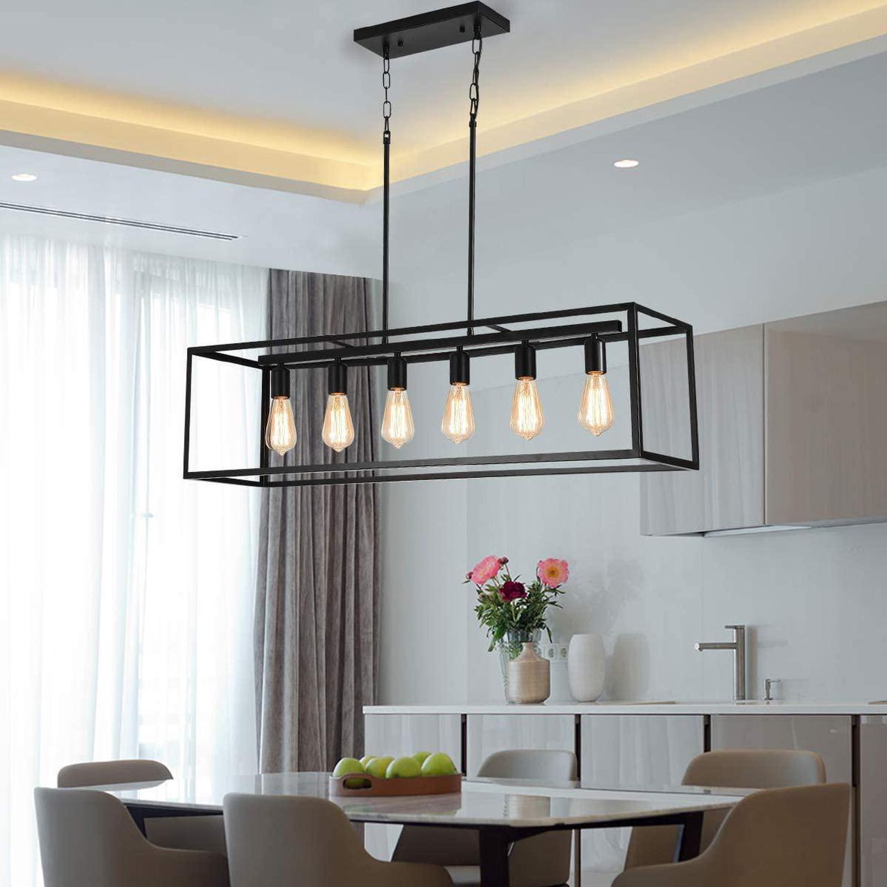 Alt view image 4 of 7 - Garwarm 6 Light Rectangle Chandelier,Black Metal Linear Modern Pendant Lighting,Industrial Cage Kitchen Island Ceiling Light Fixture for Dining Room Kitchen