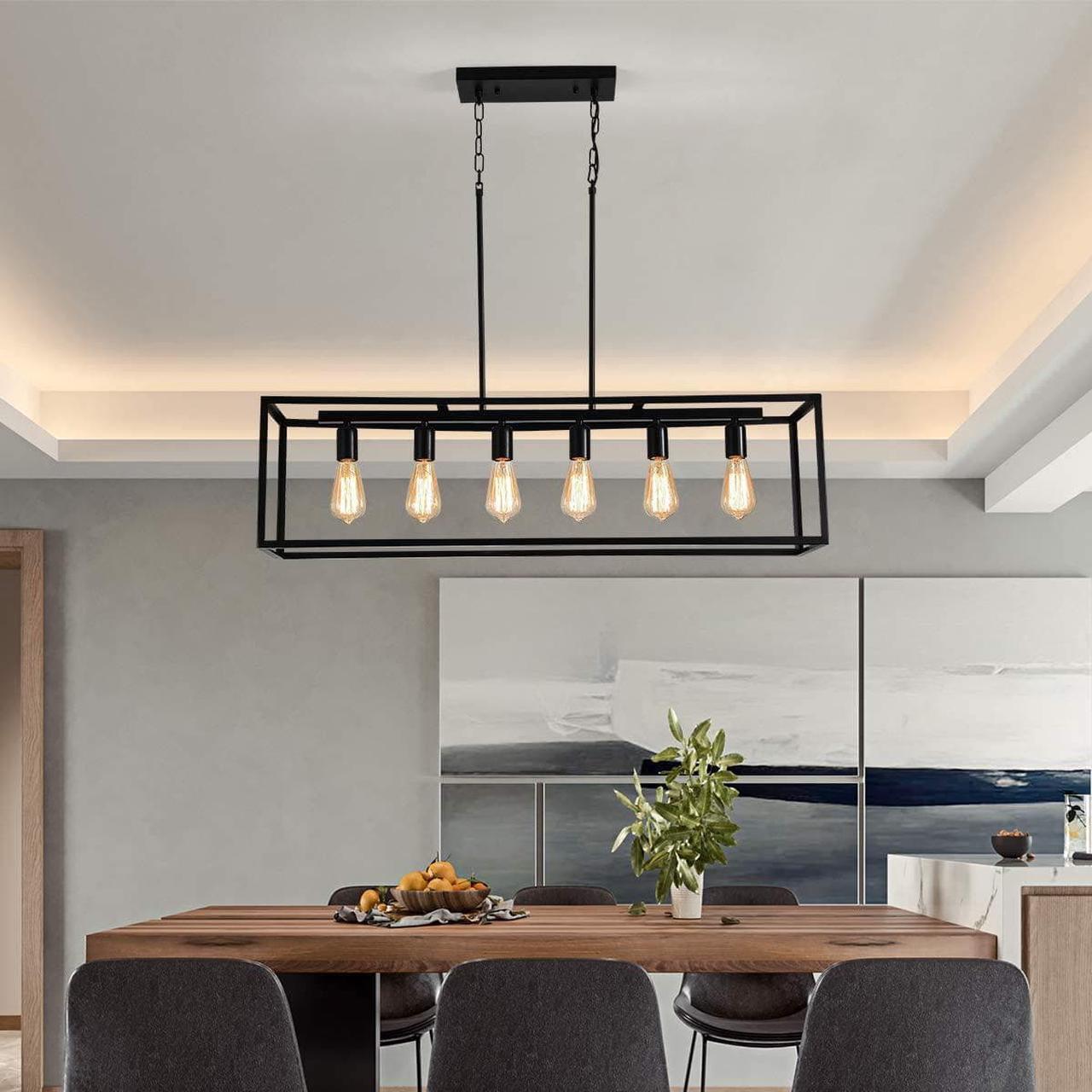 Alt view image 5 of 7 - Garwarm 6 Light Rectangle Chandelier,Black Metal Linear Modern Pendant Lighting,Industrial Cage Kitchen Island Ceiling Light Fixture for Dining Room Kitchen