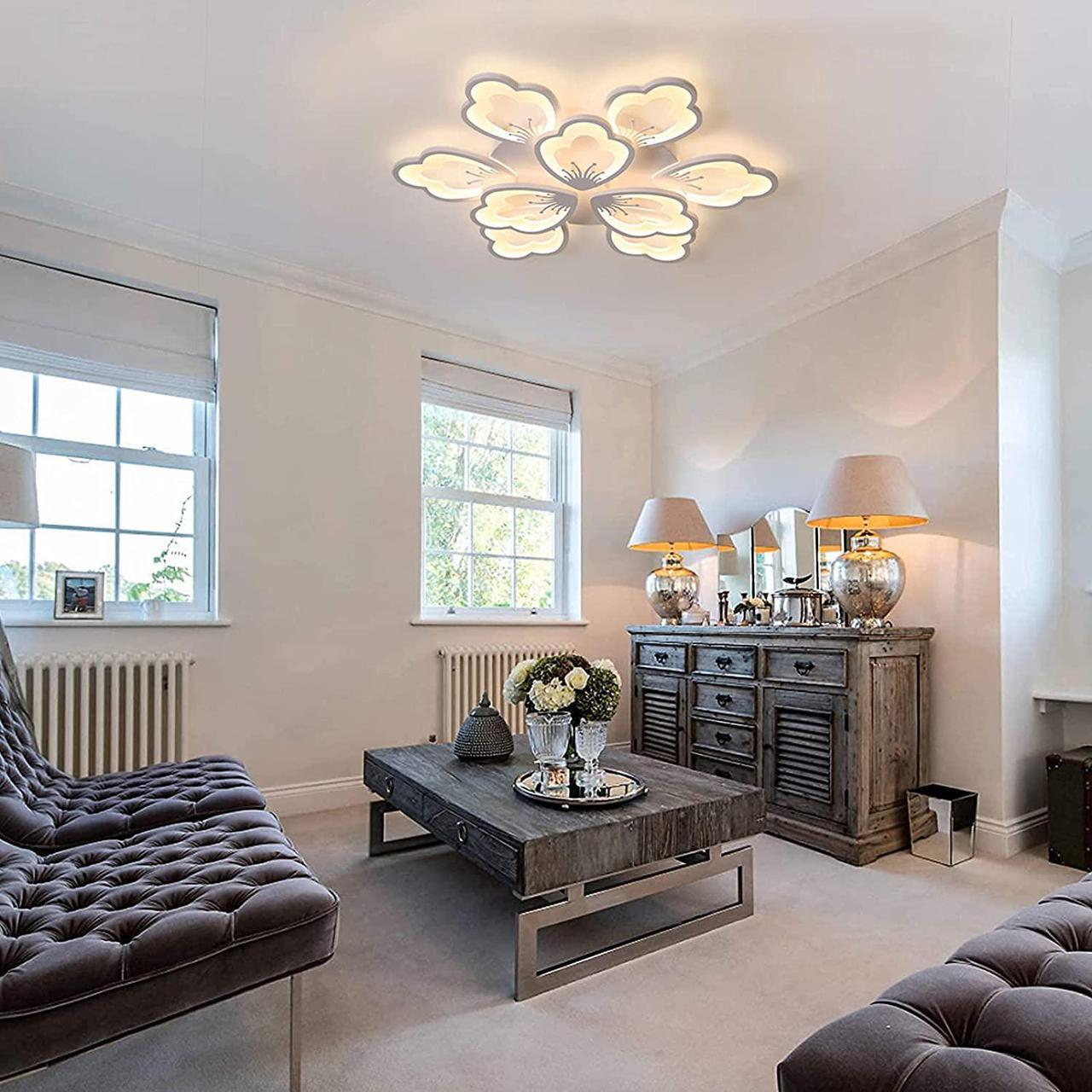 Alt view image 3 of 7 - Garwarm Modern LED Ceiling Light,80W Dimmable 9 Heads Flower Shape Flush Mount Chandelier Living Room Bedroom Children's Room,Acrylic Ceiling Lamp Fixture with Remote Control