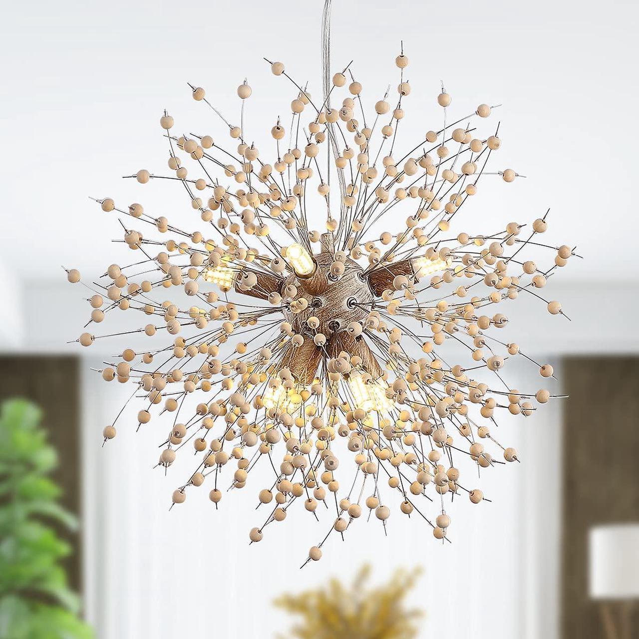 Garwarm Modern Wooden Beads Dandelion Chandelier, Firework Pendant Lighting, 8-Lights Sputnik Ceiling Hanging Light Fixture for Living Room Dining Room Bedroom Kitchen Foyer(G9 Bulb Base)