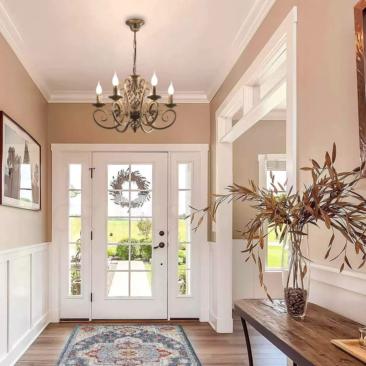 Alt view image 3 of 7 - Garwarm French Country Chandeliers,6 Lights Candle Wrought Iron Chandelier,Rustic Farmhouse Pendant Light Fixture Hanging Lighting for Kitchen Island,Dining Room,Living Room,Foryer