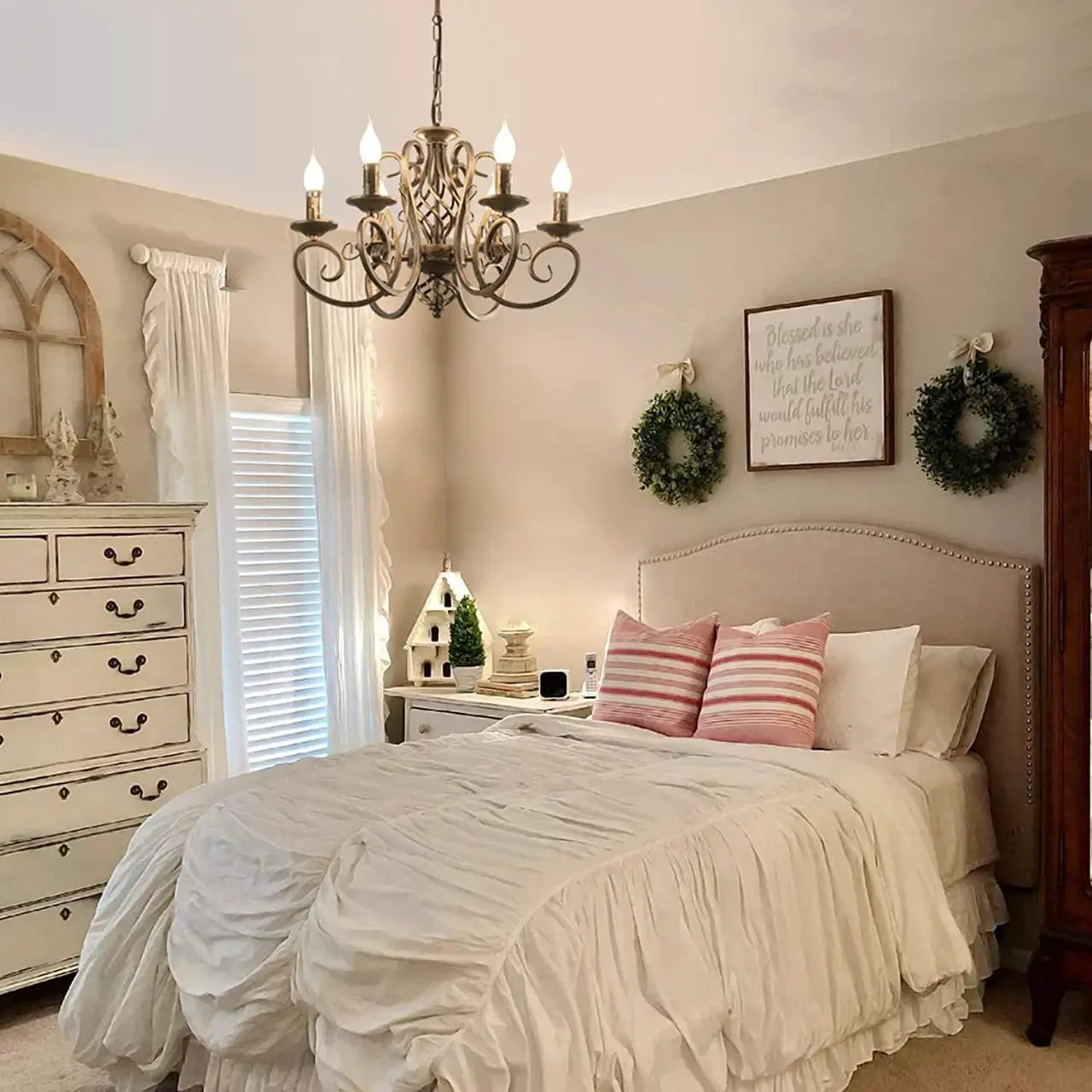 Alt view image 4 of 7 - Garwarm French Country Chandeliers,6 Lights Candle Wrought Iron Chandelier,Rustic Farmhouse Pendant Light Fixture Hanging Lighting for Kitchen Island,Dining Room,Living Room,Foryer
