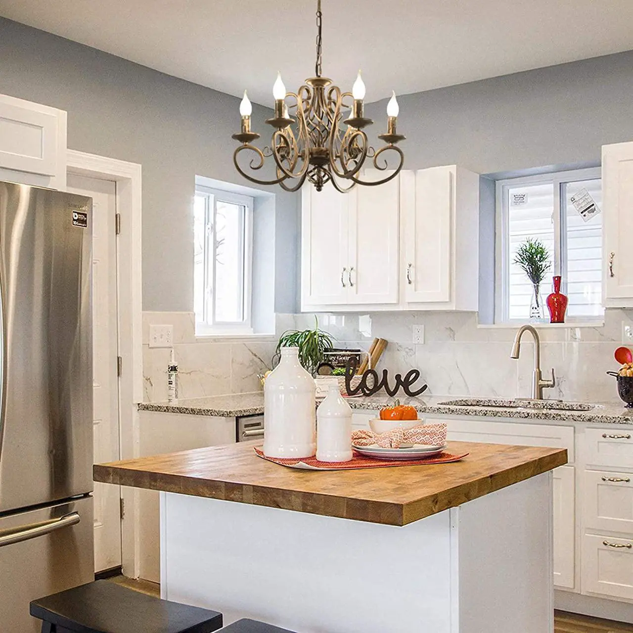 Alt view image 5 of 7 - Garwarm French Country Chandeliers,6 Lights Candle Wrought Iron Chandelier,Rustic Farmhouse Pendant Light Fixture Hanging Lighting for Kitchen Island,Dining Room,Living Room,Foryer