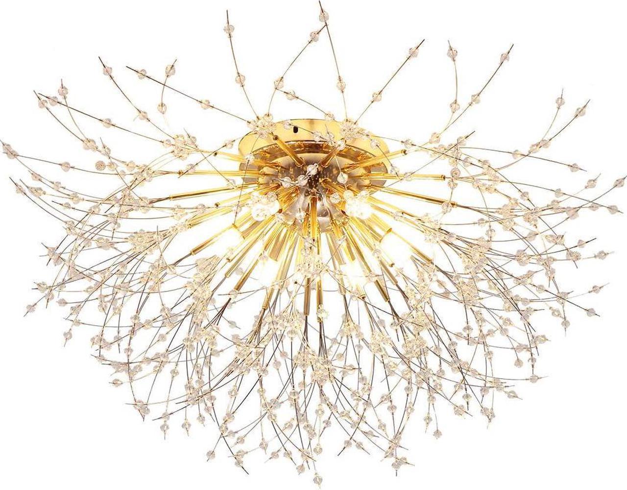 Garwarm Firework Chandeliers, 6-Lights Sputnik Ceiling Lamp Modern Semi Flush Mount Crystal Ceiling Lighting 24 Inch LED Ceiling Light Fixtures for Living Room Dining Room Gold