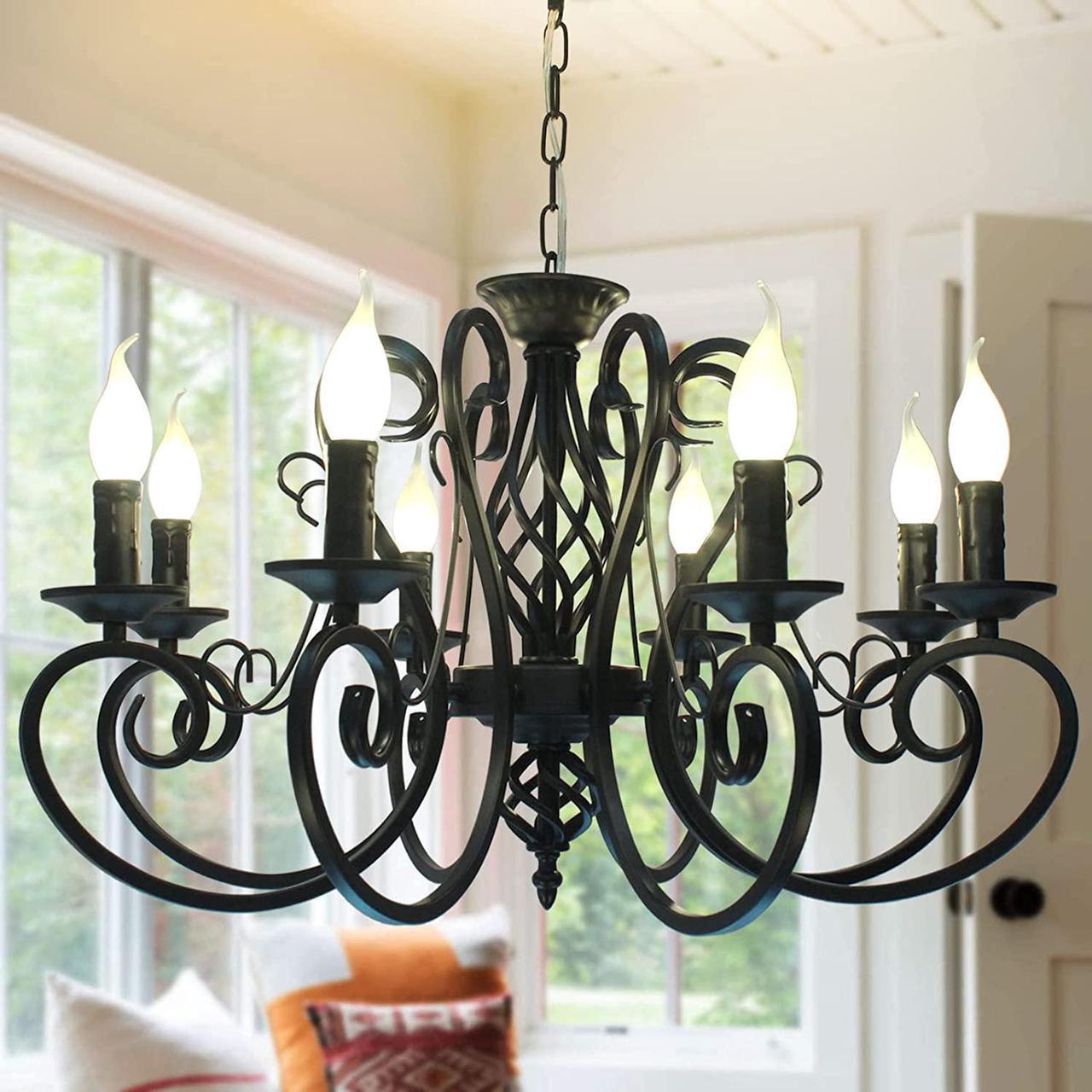 Main image of Garwarm French Country Chandeliers,8 Lights Kitchen Island Candle Iron Black Chandelier,Industrial Vintage Pendant Light Fixture for Farmhouse,Dining Room,Bedroom,Foyer
