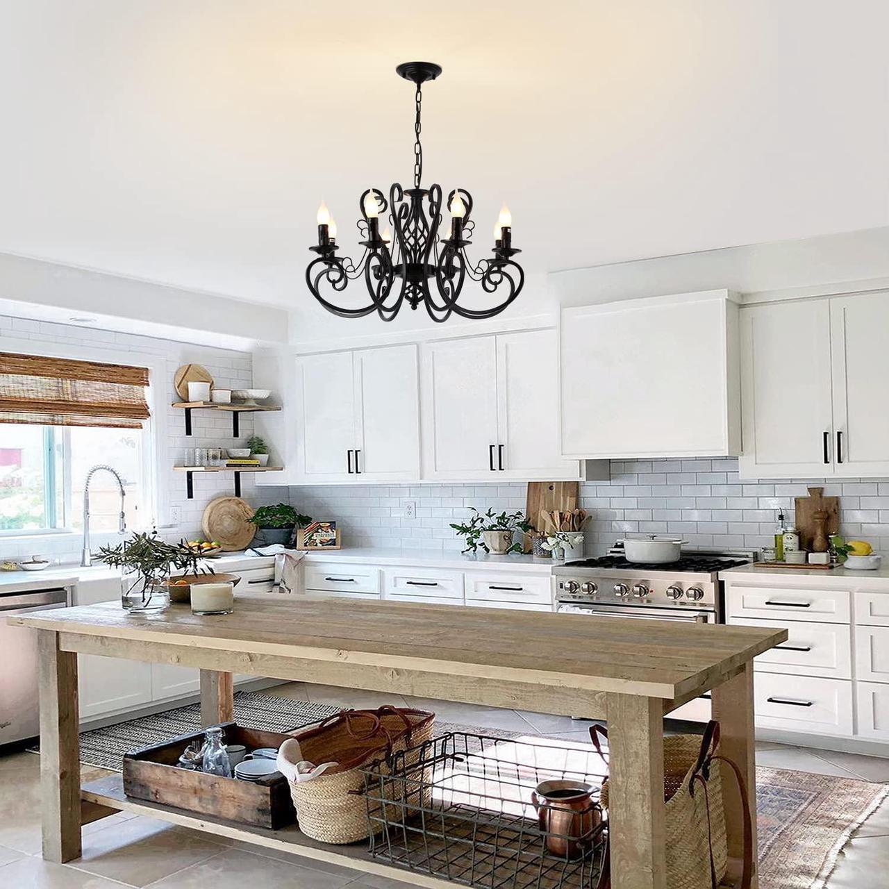 Alt view image 2 of 7 - Garwarm French Country Chandeliers,8 Lights Kitchen Island Candle Iron Black Chandelier,Industrial Vintage Pendant Light Fixture for Farmhouse,Dining Room,Bedroom,Foyer
