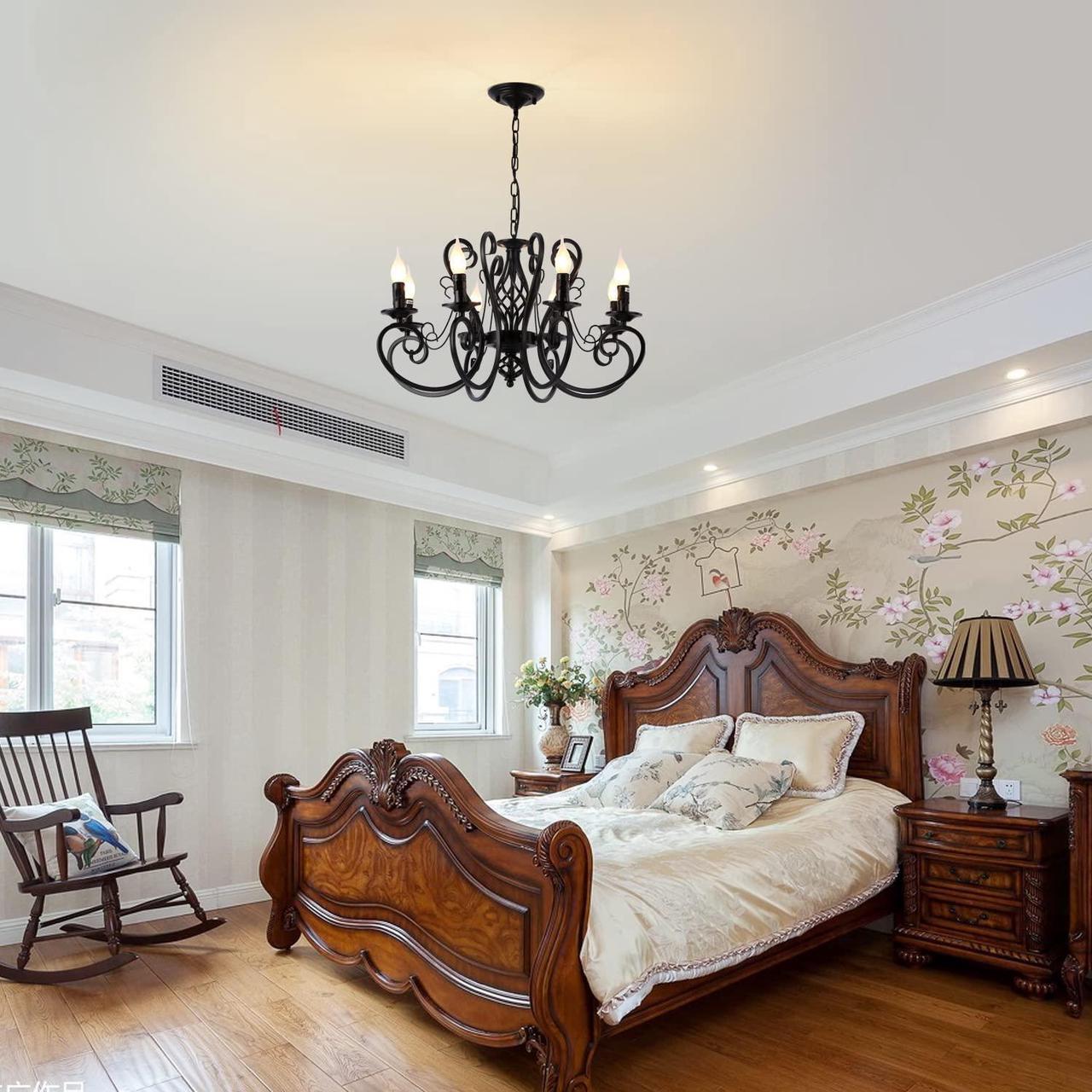 Alt view image 4 of 7 - Garwarm French Country Chandeliers,8 Lights Kitchen Island Candle Iron Black Chandelier,Industrial Vintage Pendant Light Fixture for Farmhouse,Dining Room,Bedroom,Foyer