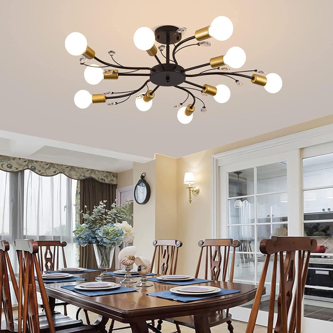 Alt view image 2 of 7 - Garwarm Sputnik Chandelier Modern Ceiling Light Fixture, 10-Light Mid Century Industrial Metal Sputnik Semi Flush Mount Light, Gold & Black Ceiling Lamp for Bedroom Dining Living Room Kitchen