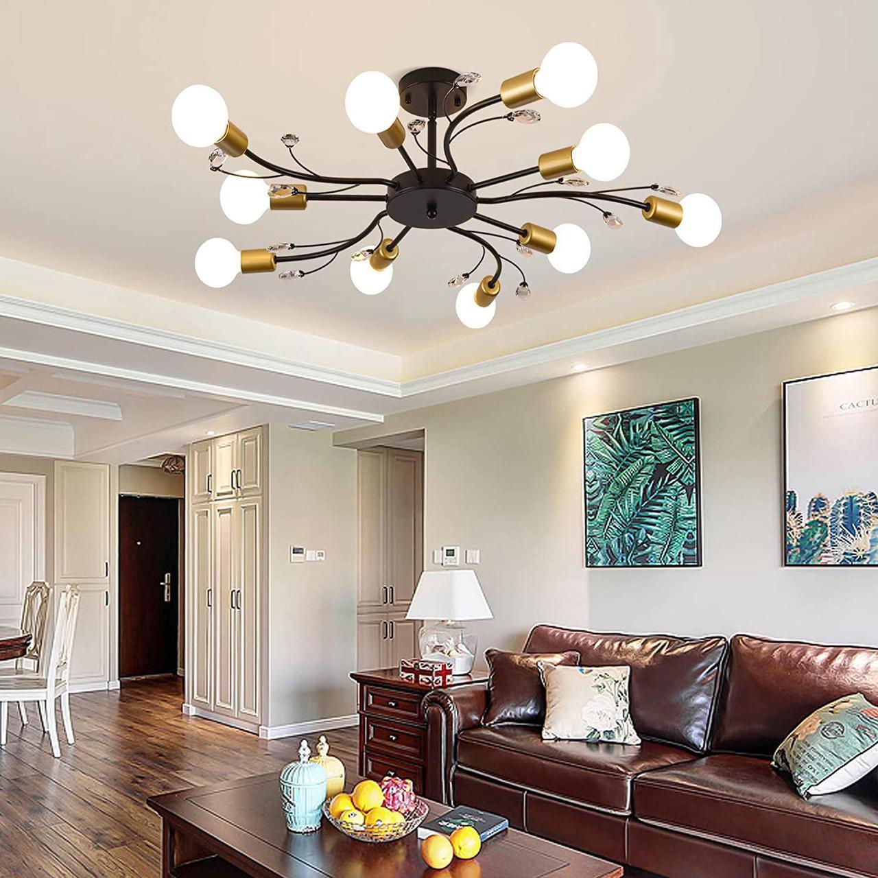 Alt view image 5 of 7 - Garwarm Sputnik Chandelier Modern Ceiling Light Fixture, 10-Light Mid Century Industrial Metal Sputnik Semi Flush Mount Light, Gold & Black Ceiling Lamp for Bedroom Dining Living Room Kitchen