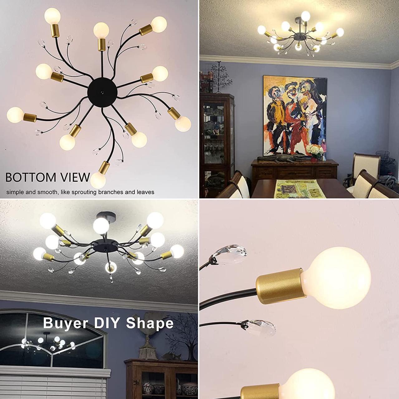 Alt view image 4 of 7 - Garwarm Sputnik Chandelier Modern Ceiling Light Fixture, 10-Light Mid Century Industrial Metal Sputnik Semi Flush Mount Light, Gold & Black Ceiling Lamp for Bedroom Dining Living Room Kitchen