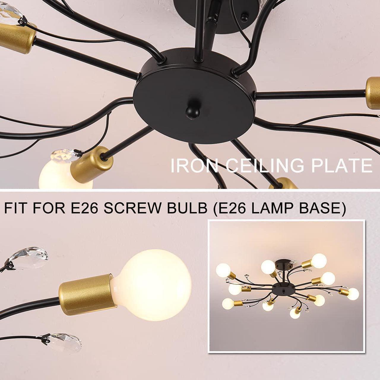 Alt view image 6 of 7 - Garwarm Sputnik Chandelier Modern Ceiling Light Fixture, 10-Light Mid Century Industrial Metal Sputnik Semi Flush Mount Light, Gold & Black Ceiling Lamp for Bedroom Dining Living Room Kitchen