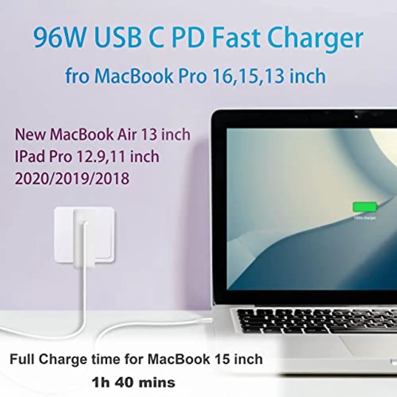 Alt view image 3 of 7 - 96W Usb C Charger Pd Fast Laptop Charger For Macbook Pro 16, 15, 14, 13 Inch, Macbook Air, Ipad Pro, Type C Ac Power Adapter Suits For Usb C Laptop And Phones Include 6.6Ft 5A C To C Cable