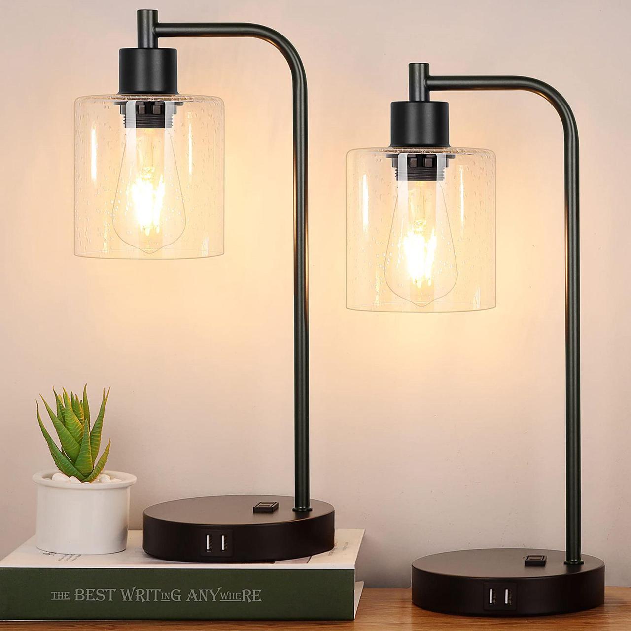 Main image of Set of 2 Industrial Table Lamps, 2 x 800LM LED Bulbs Included, Fully Stepless Dimmable Lamps with 2 USB Port, Bedside Nightstand Desk Lamps with Seeded Glass Shade for Reading Office