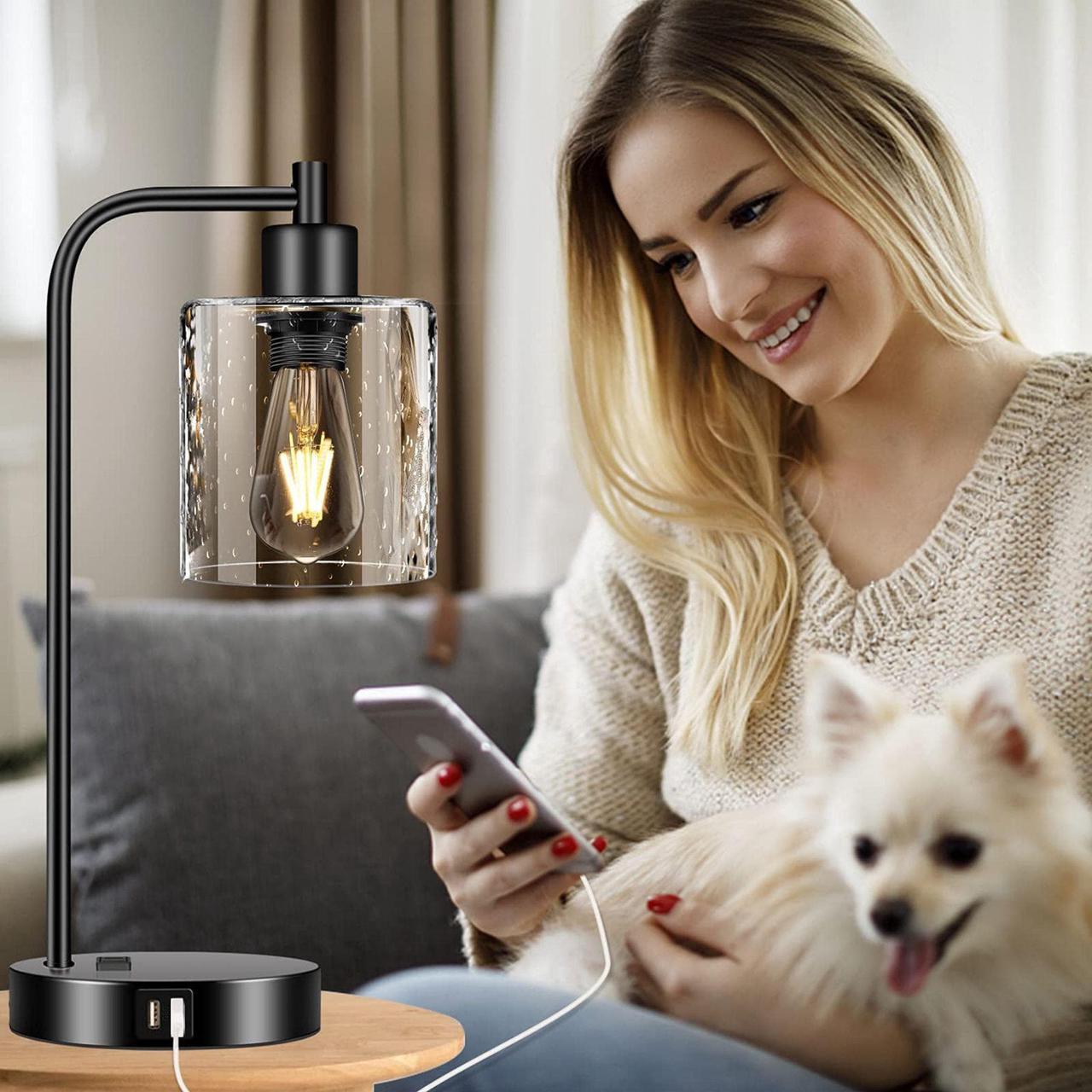 Alt view image 6 of 7 - Set of 2 Industrial Table Lamps, 2 x 800LM LED Bulbs Included, Fully Stepless Dimmable Lamps with 2 USB Port, Bedside Nightstand Desk Lamps with Seeded Glass Shade for Reading Office