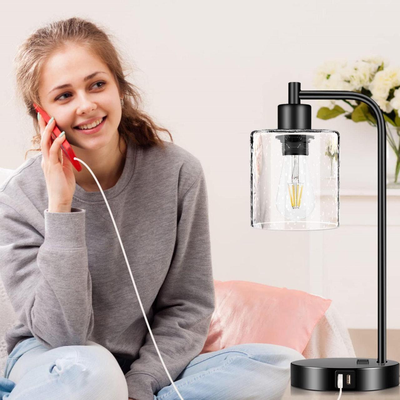 Alt view image 3 of 7 - Set of 2 Industrial Table Lamps, 2 x 800LM LED Bulbs Included, Fully Stepless Dimmable Lamps with 2 USB Port, Bedside Nightstand Desk Lamps with Seeded Glass Shade for Reading Office