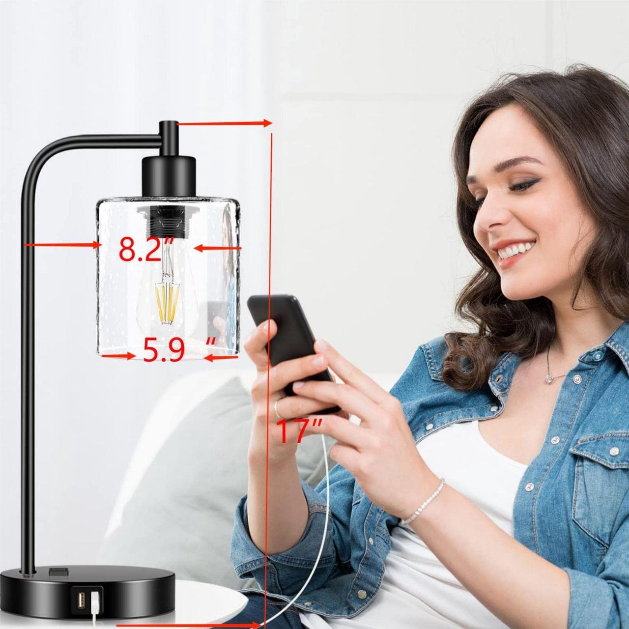 Alt view image 4 of 7 - Set of 2 Industrial Table Lamps, 2 x 800LM LED Bulbs Included, Fully Stepless Dimmable Lamps with 2 USB Port, Bedside Nightstand Desk Lamps with Seeded Glass Shade for Reading Office
