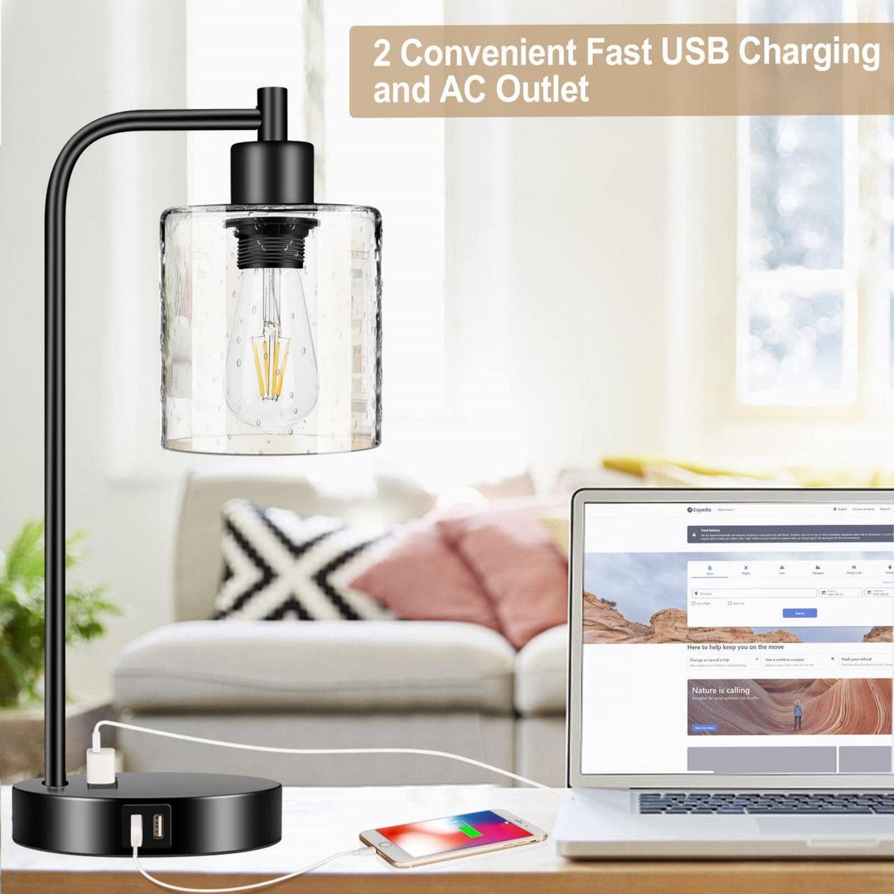 Alt view image 7 of 7 - Set of 2 Industrial Table Lamps, 2 x 800LM LED Bulbs Included, Fully Stepless Dimmable Lamps with 2 USB Port, Bedside Nightstand Desk Lamps with Seeded Glass Shade for Reading Office
