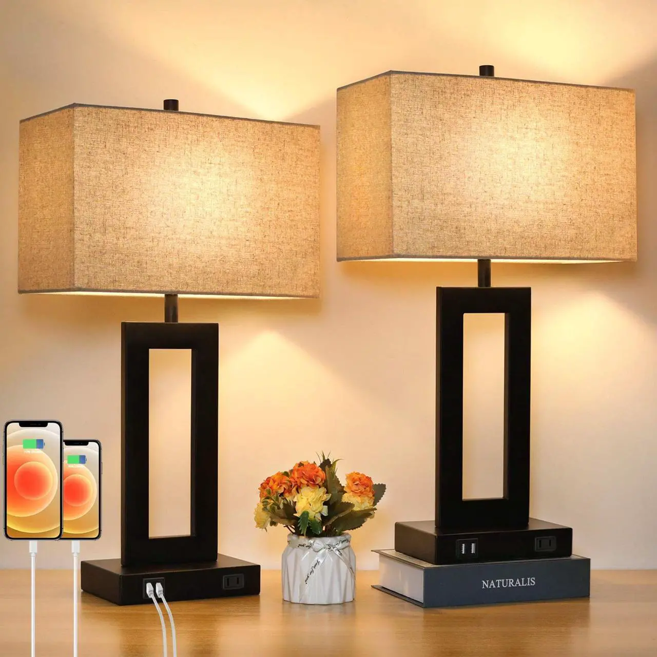 Main image of Set of 2 Touch Control Table Lamp with 2 USB Ports, 3-Way Dimmable Modern Nightstand Lamp Sets Bedside Touch Desk Lamp With Fabric Cream Shade For Bedroom Table Living Room Reading, LED Bulbs Included
