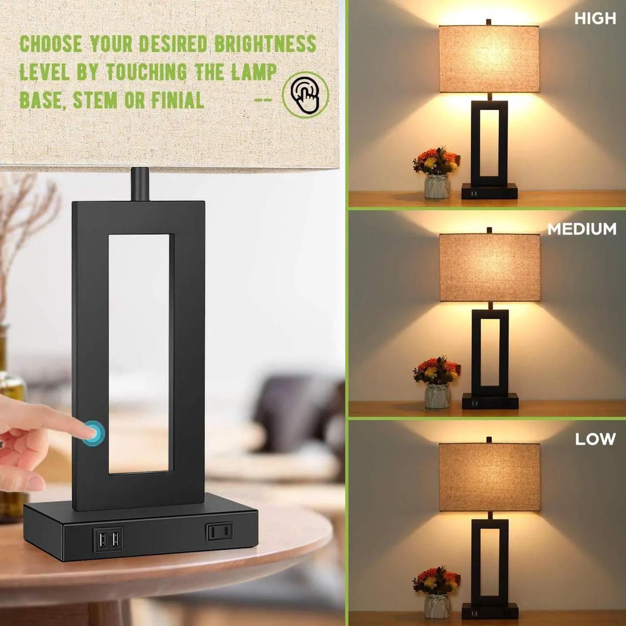 Alt view image 5 of 7 - Set of 2 Touch Control Table Lamp with 2 USB Ports, 3-Way Dimmable Modern Nightstand Lamp Sets Bedside Touch Desk Lamp With Fabric Cream Shade For Bedroom Table Living Room Reading, LED Bulbs Included