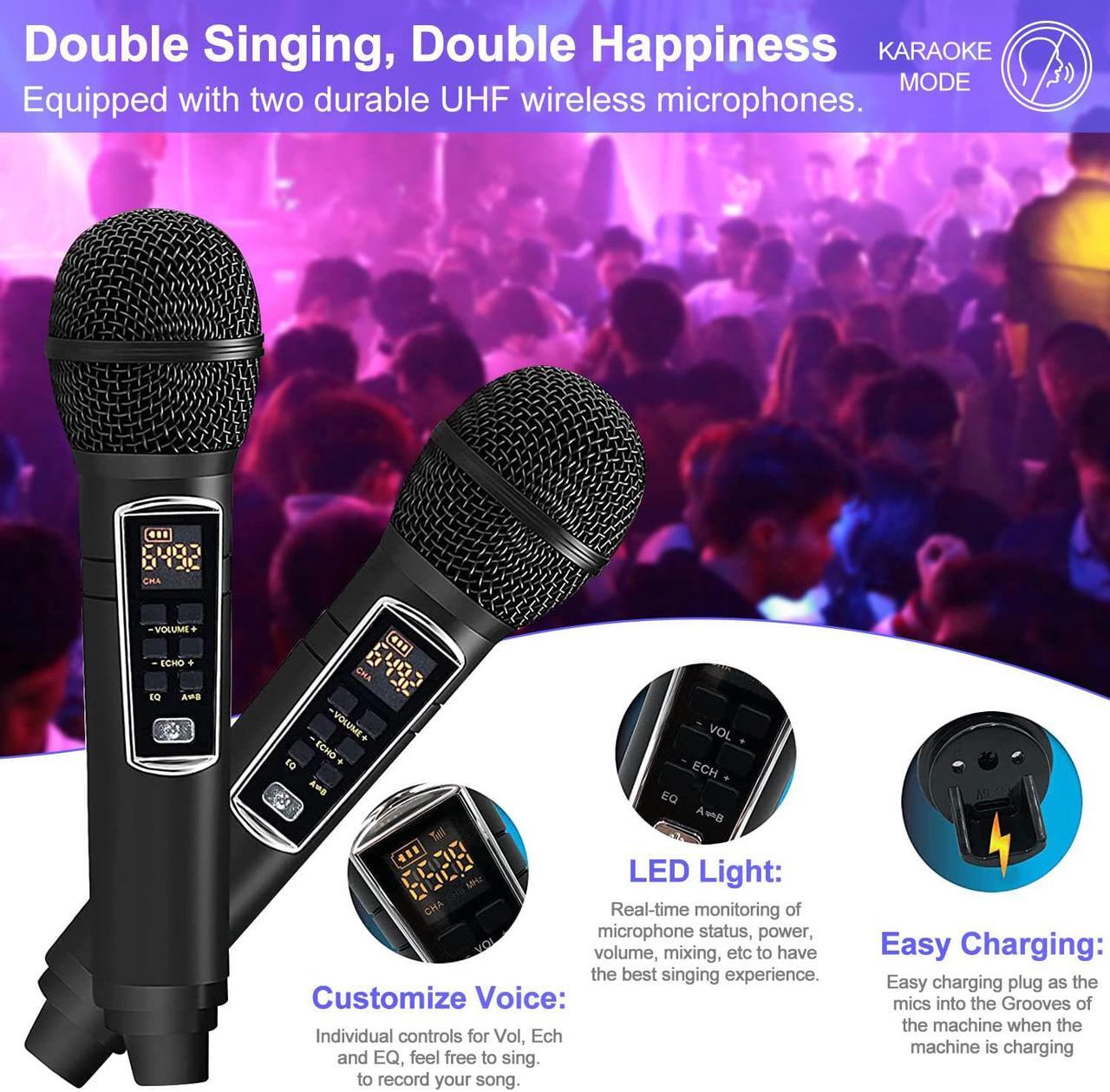 Alt view image 3 of 7 - Karaoke Machine, Portable PA Speaker System with 2 Wireless Microphone for Home Party, Meeting, Wedding, Church, Picnic, Outdoor/Indoor