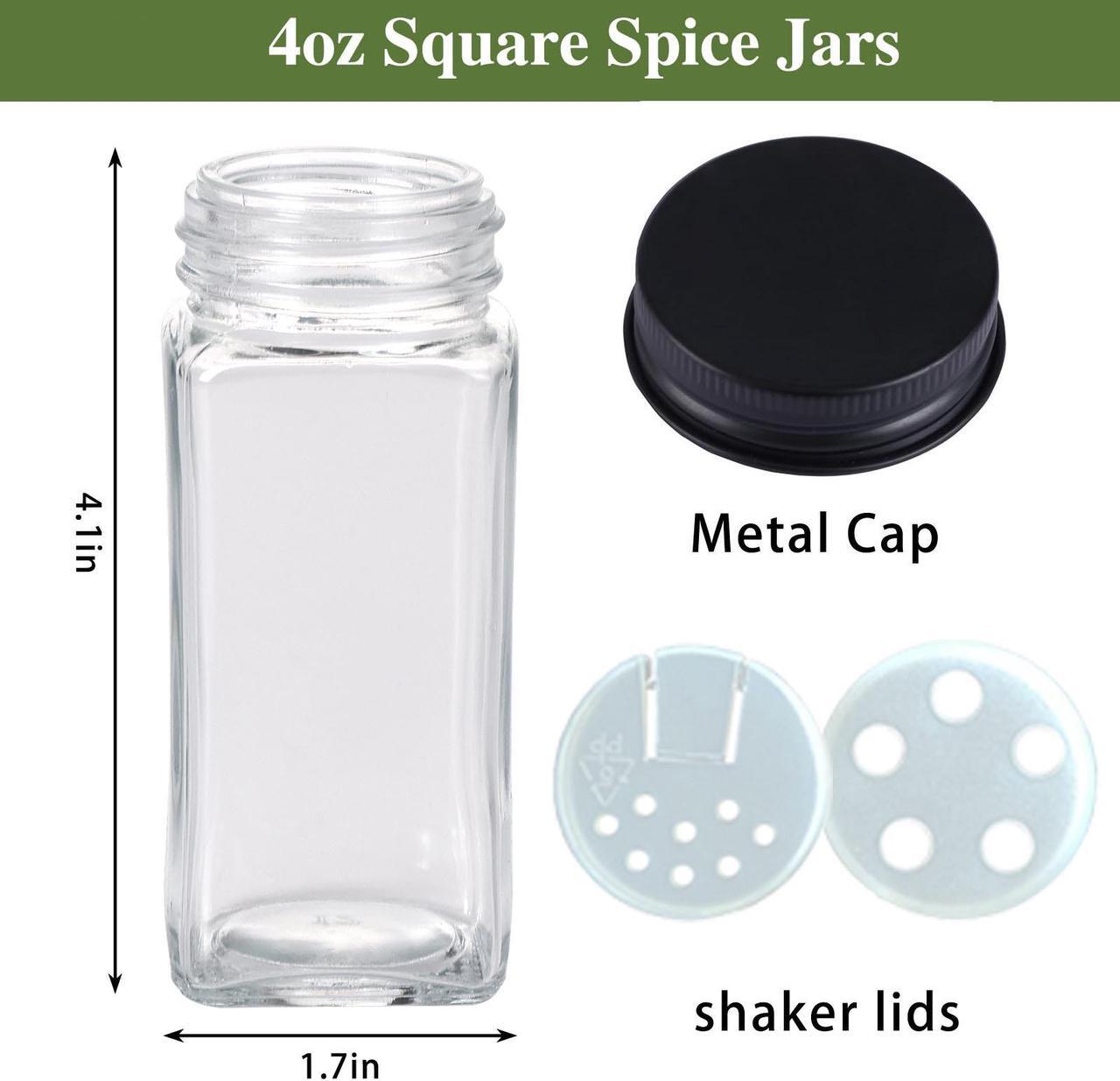 Alt view image 2 of 6 - Wenger 48 Spice Jars with 562 Labels- Glass Spice Jars with Black Metal Caps, 4oz Empty Spice Containers with Shaker Lids, Funnel, Chalk Pen, Square Seasoning Bottles for Spice Rack, Drawer, Cabinet