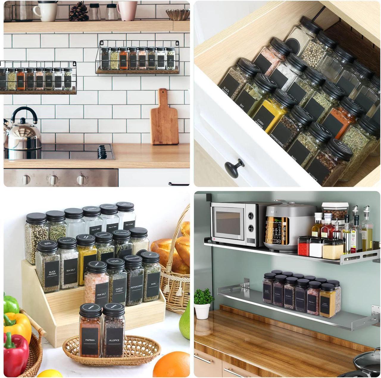 Alt view image 4 of 6 - Wenger 48 Spice Jars with 562 Labels- Glass Spice Jars with Black Metal Caps, 4oz Empty Spice Containers with Shaker Lids, Funnel, Chalk Pen, Square Seasoning Bottles for Spice Rack, Drawer, Cabinet