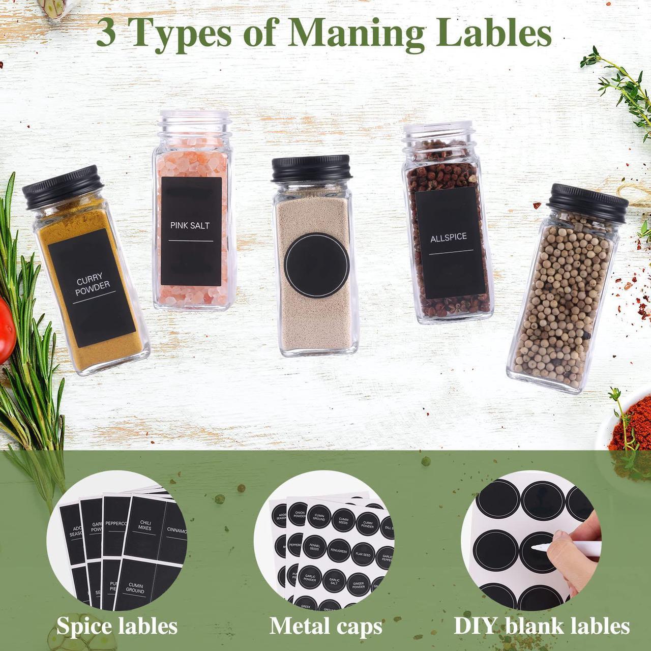 Alt view image 3 of 6 - Wenger 48 Spice Jars with 562 Labels- Glass Spice Jars with Black Metal Caps, 4oz Empty Spice Containers with Shaker Lids, Funnel, Chalk Pen, Square Seasoning Bottles for Spice Rack, Drawer, Cabinet