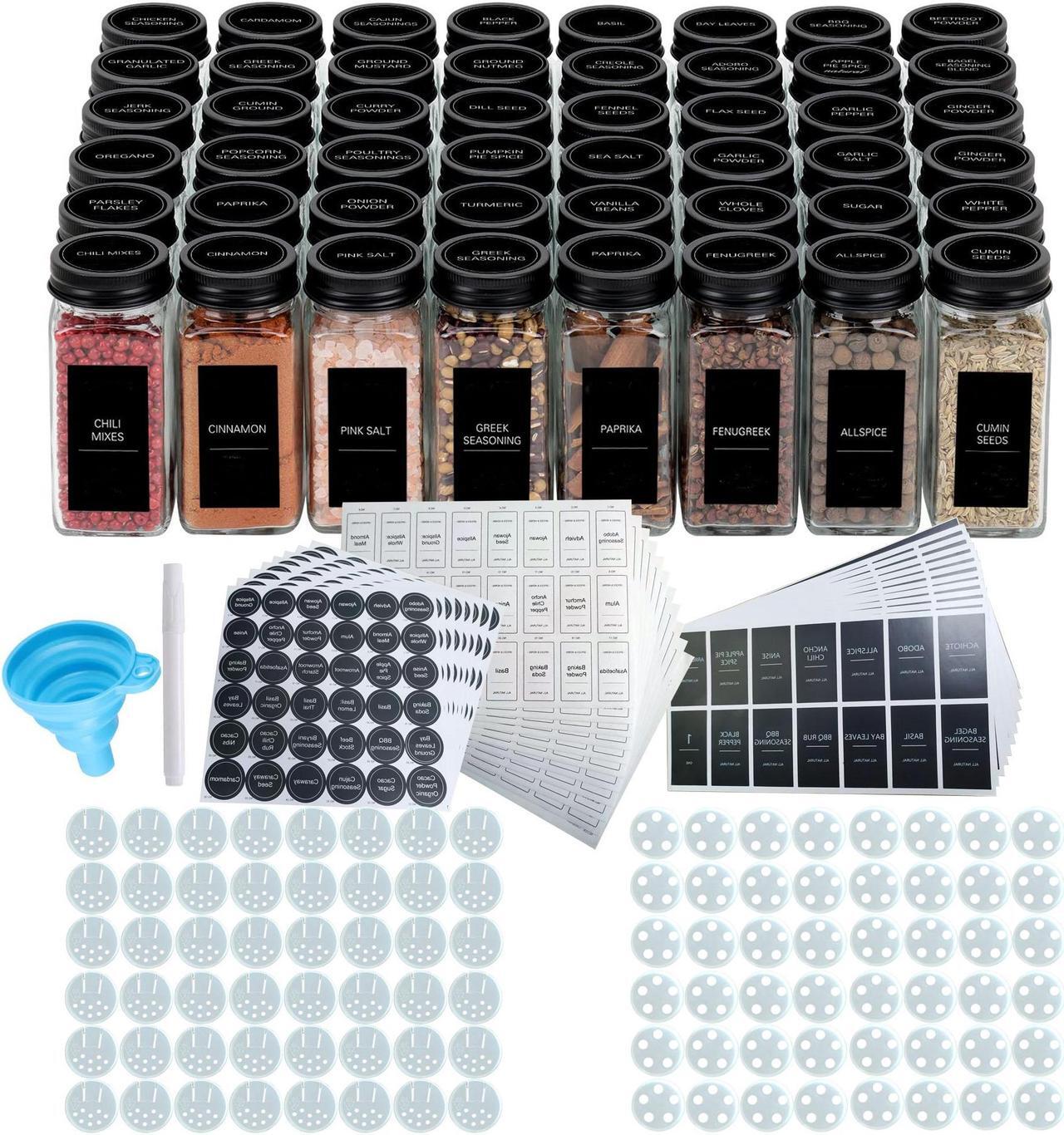 Main image of Wenger 48 Spice Jars with 562 Labels- Glass Spice Jars with Black Metal Caps, 4oz Empty Spice Containers with Shaker Lids, Funnel, Chalk Pen, Square Seasoning Bottles for Spice Rack, Drawer, Cabinet