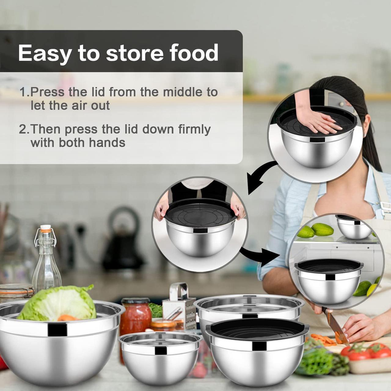 Alt view image 5 of 7 - Wenger Stainless Steel Mixing Bowls with Airtight Lids, 7-Piece Metal Nesting Bowls with Black Lids for Saving Storage Space, Size4.6, 3.5 , 2.6 ,  2, 1.5, 1, 0.7QT, Great for Baking/Cooking/Prepping