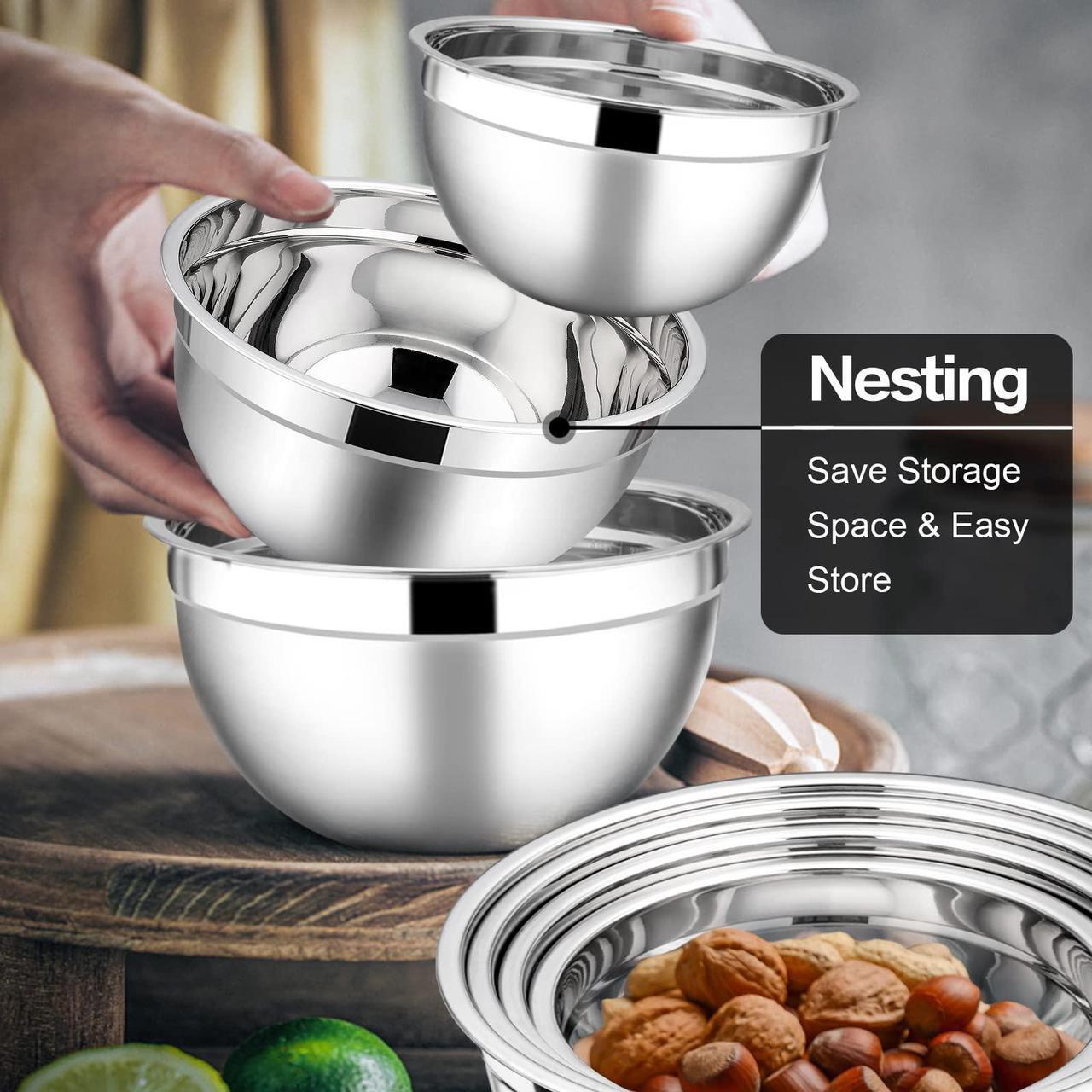 Alt view image 2 of 7 - Wenger Stainless Steel Mixing Bowls with Airtight Lids, 7-Piece Metal Nesting Bowls with Black Lids for Saving Storage Space, Size4.6, 3.5 , 2.6 ,  2, 1.5, 1, 0.7QT, Great for Baking/Cooking/Prepping