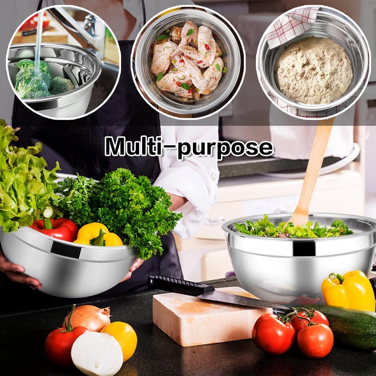 Alt view image 4 of 7 - Wenger Stainless Steel Mixing Bowls with Airtight Lids, 7-Piece Metal Nesting Bowls with Black Lids for Saving Storage Space, Size4.6, 3.5 , 2.6 ,  2, 1.5, 1, 0.7QT, Great for Baking/Cooking/Prepping