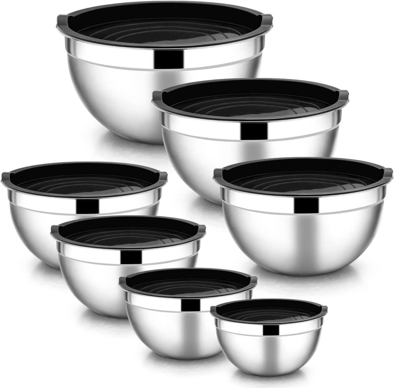 Main image of Wenger Stainless Steel Mixing Bowls with Airtight Lids, 7-Piece Metal Nesting Bowls with Black Lids for Saving Storage Space, Size4.6, 3.5 , 2.6 ,  2, 1.5, 1, 0.7QT, Great for Baking/Cooking/Prepping